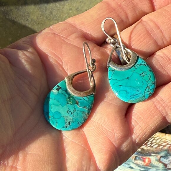 Vintage Barse Sterling Silver, Gold & Turquoise Pierced Earrings - Picture 4 of 4